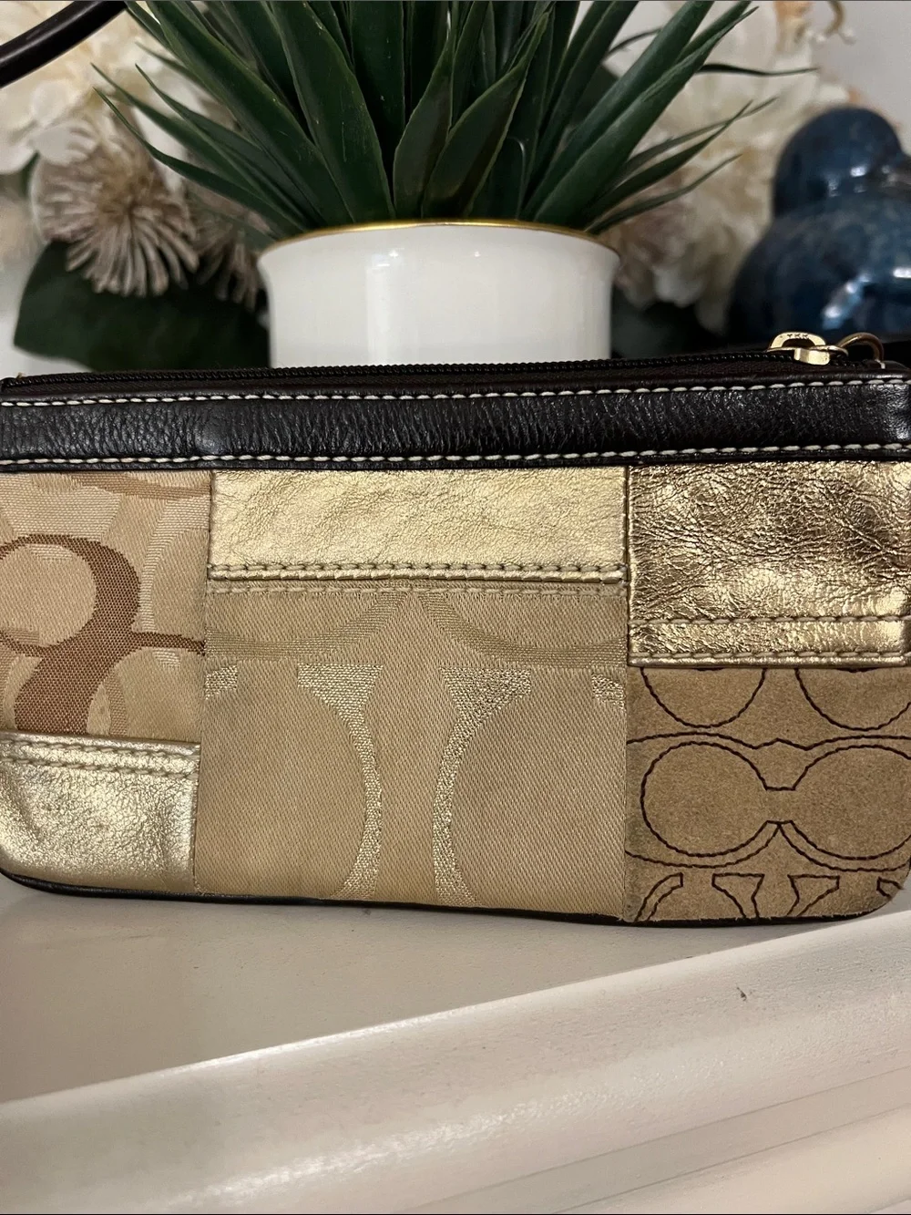 Coach Gold and Tan Patchwork Signature Wristlet